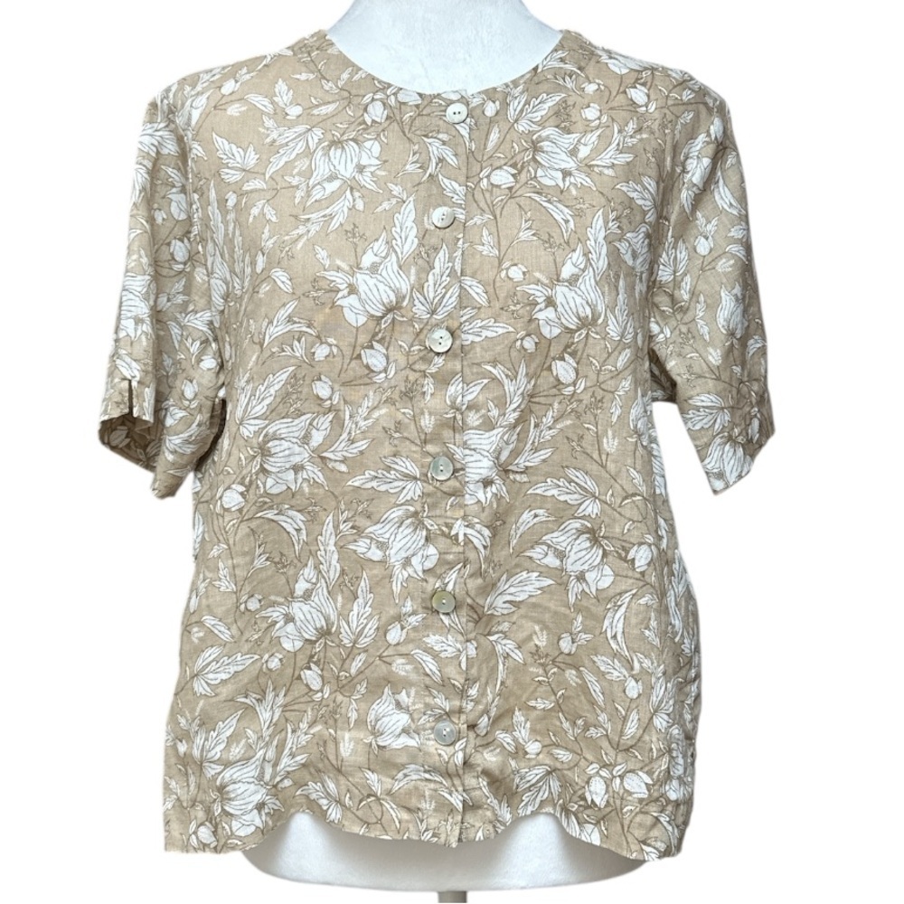Orvis 100% Linen Shell Button Front Floral Short Sleeve Top Medium 10-12